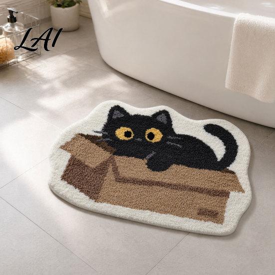 Durable Floor Mat Plush Bathroom Rug Non-Slip Absorbent Fluffy Mat Cute Easy Care Black Cat Door for Entrance Bedroom Living Room Washable