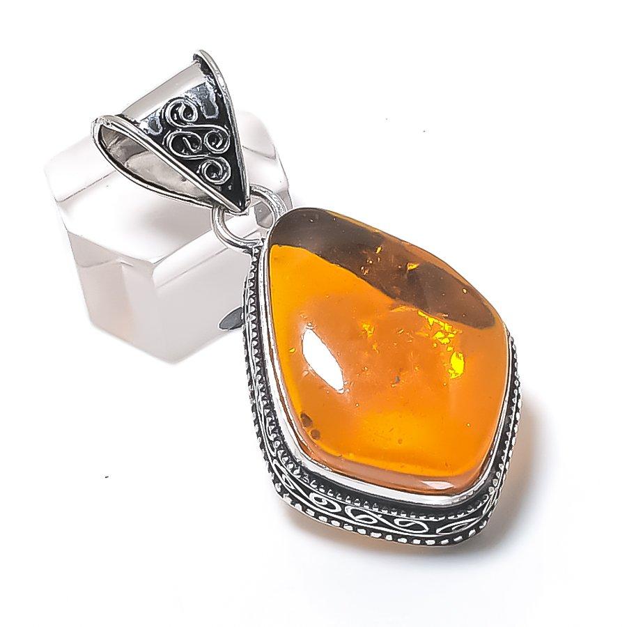 Natural Baltic Amber Gemstone 925 Sterling Silver Jewelry Pendant 1.89" j6N61