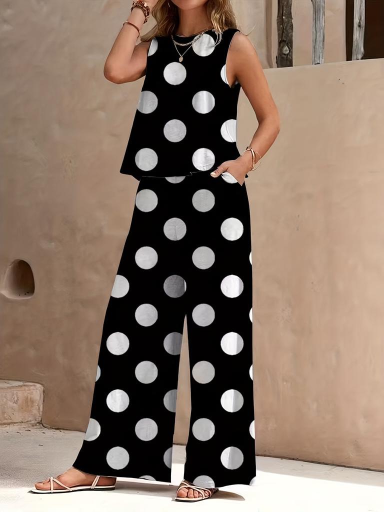 New French retro two-piece set, contrasting color hemming and thin sleeveless vest wide-leg pants set
