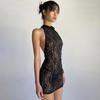 Women's Spring and Summer New Solid Color Lace Perspective Neck Halter and Hip-hip Dress