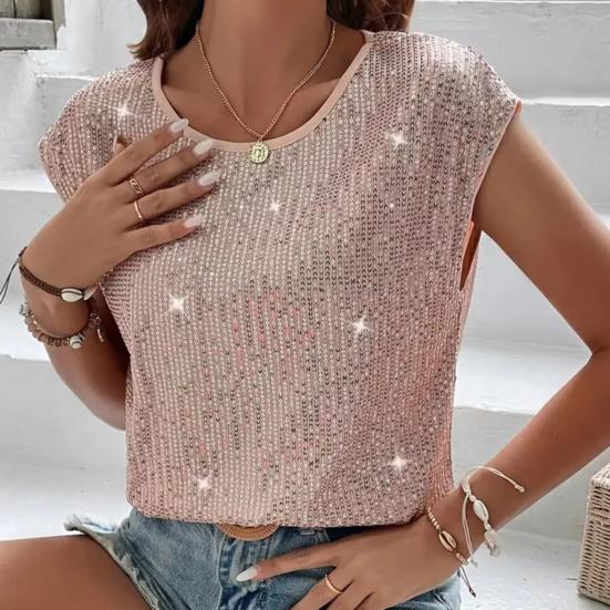 Женская футболка с круглым вырезом без рукавов свободного кроя футболка с блестящими пайетками повседневные футболки стандартного кроя топ повседневная одежда