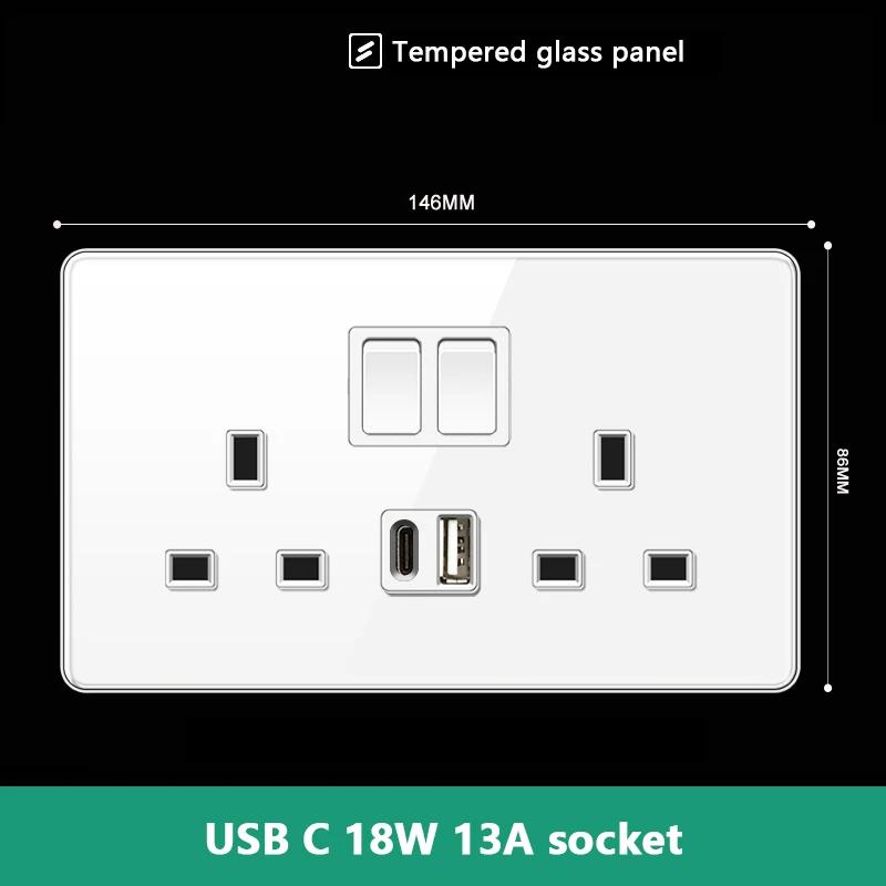 UK 13A Wall Socket with Type-C 18W Fast Charging Plug Socket,Glass Panel Power Double Universal Outlet with Quick USB C Charge