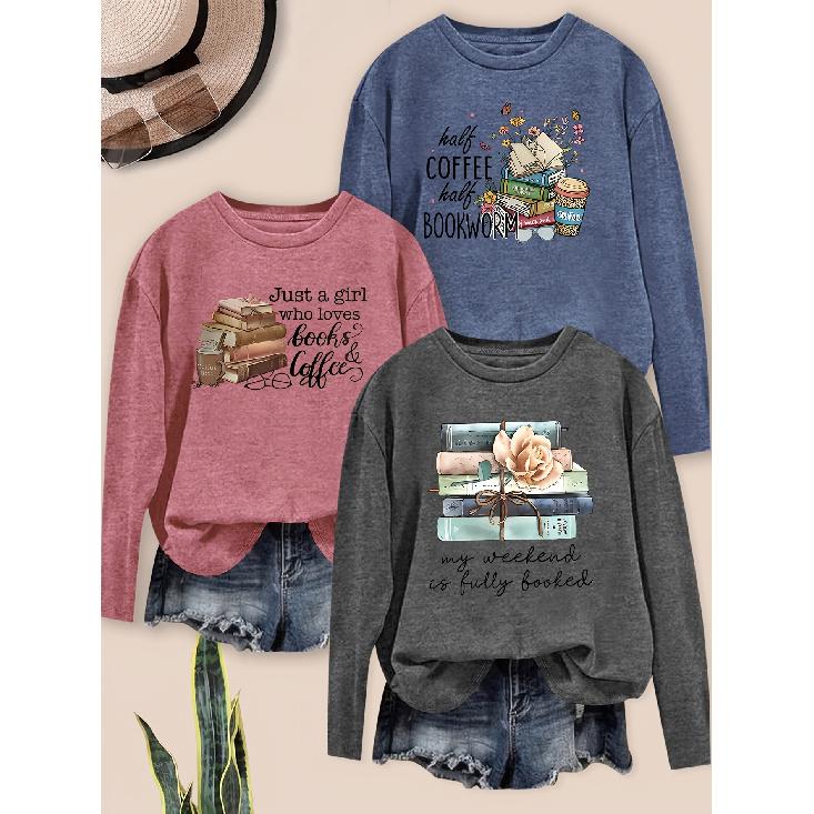 Elegant women's clothing gift with printed coffee and book themed pattern, round neck, suitable for spring, summer, autumn, and winter3Set of