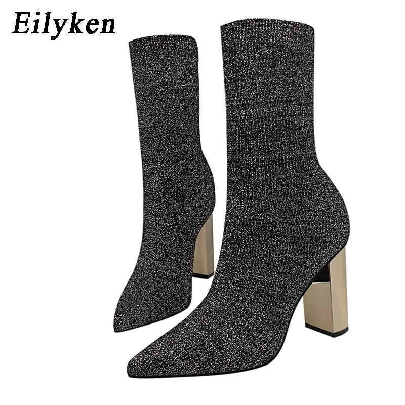 Eilyken Women Fetish Stretch Sock Boots Metal Block High Heels 9.5cm Short Ankle Boots Chunky Stripper Shoes  Mujer