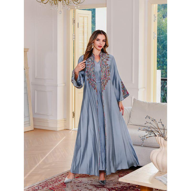 New Embroidered Stand Collar Cardigan Robe Base Skirt Middle East Dress Evening Dress Two Piece Dress Set Dress