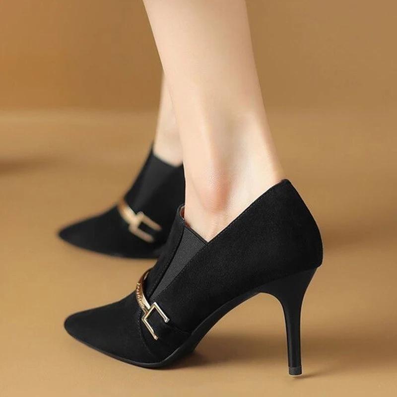 Модные женские туфли на высоком каблуке с острым носком из замши, модные прогулочные туфли 2024 года, осенние новые тенденции, дизайнерские туфли-лодочки, платье, сексуальные туфли-лодочки Zapatillas Mujer