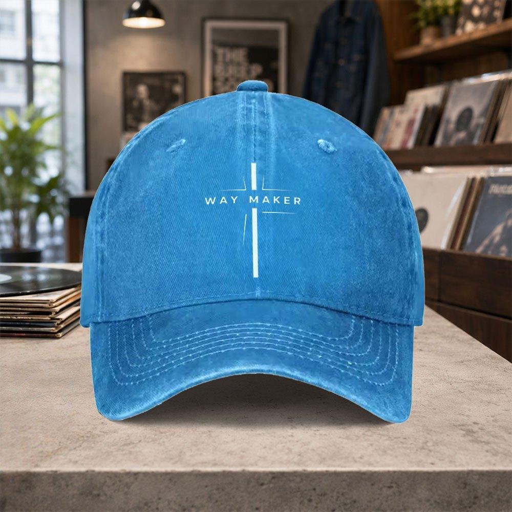 Way Maker Cross Baseball Cap Unisex Adjustable Vintage Washed Lightweight Hook Loop Closure Gift for Unisex Women
