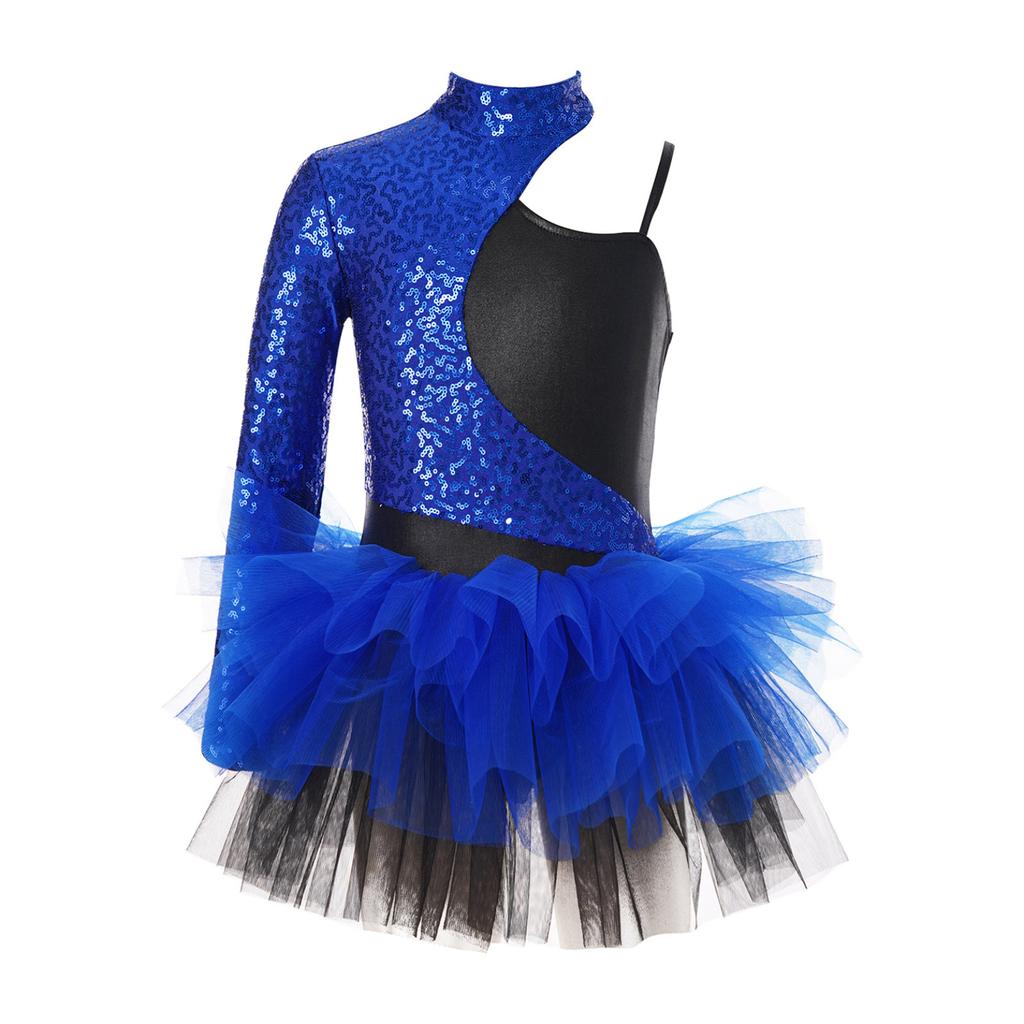 Kids Girls Shiny Sequin Jazz Latin Dance Dress Asymmetrical Sleeves Tulle Party Dress Ballet Dance Leotard Dress