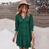 Spring Solid Ruffles Dress Women Three Quarter Sleeve V Neck High Waist Summer S-XL