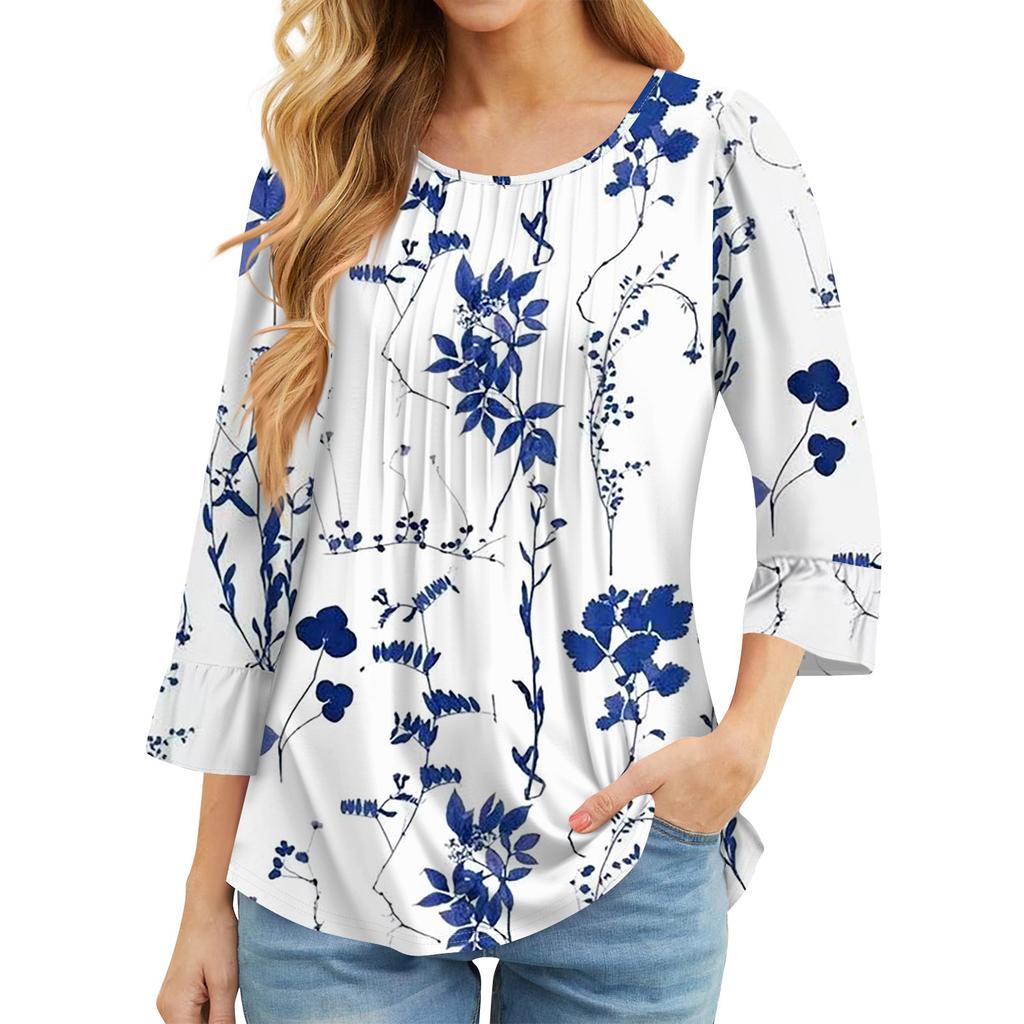 Женские топы с рукавами-колокольчиками 3/4, летние плиссированные рубашки с круглым вырезом, модные нарядные повседневные блузки-туники свободного покроя