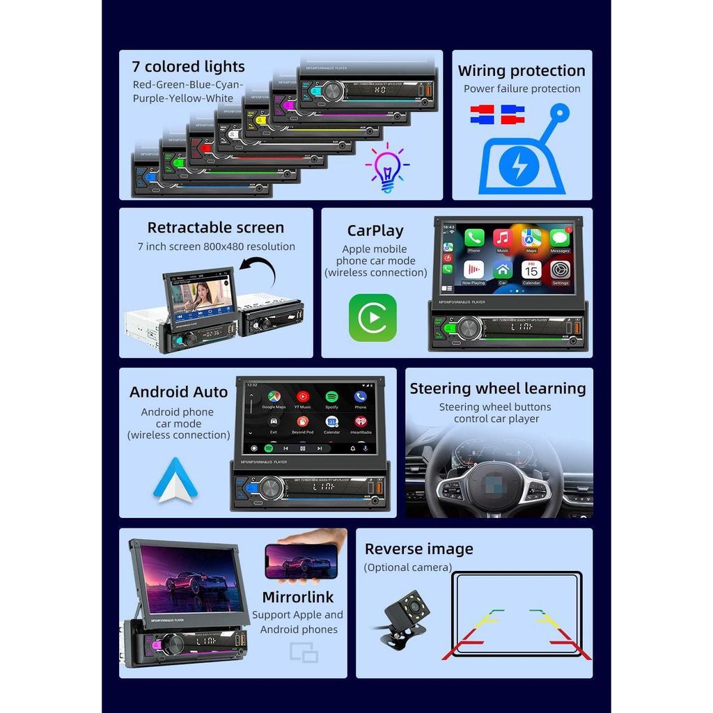 9901C 7-дюймовая беспроводная автомобильная стереосистема с Bluetooth 5.1, радио CarPlay и Android, автомобильное FM-радио, MP5-плеер