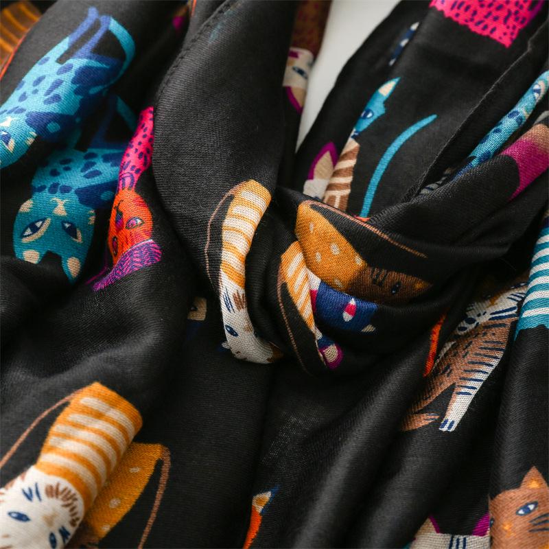 Осенне-зимний хлопково-льняной шелковый шарф: Модный шарф с мультяшным принтом котенка для женщин