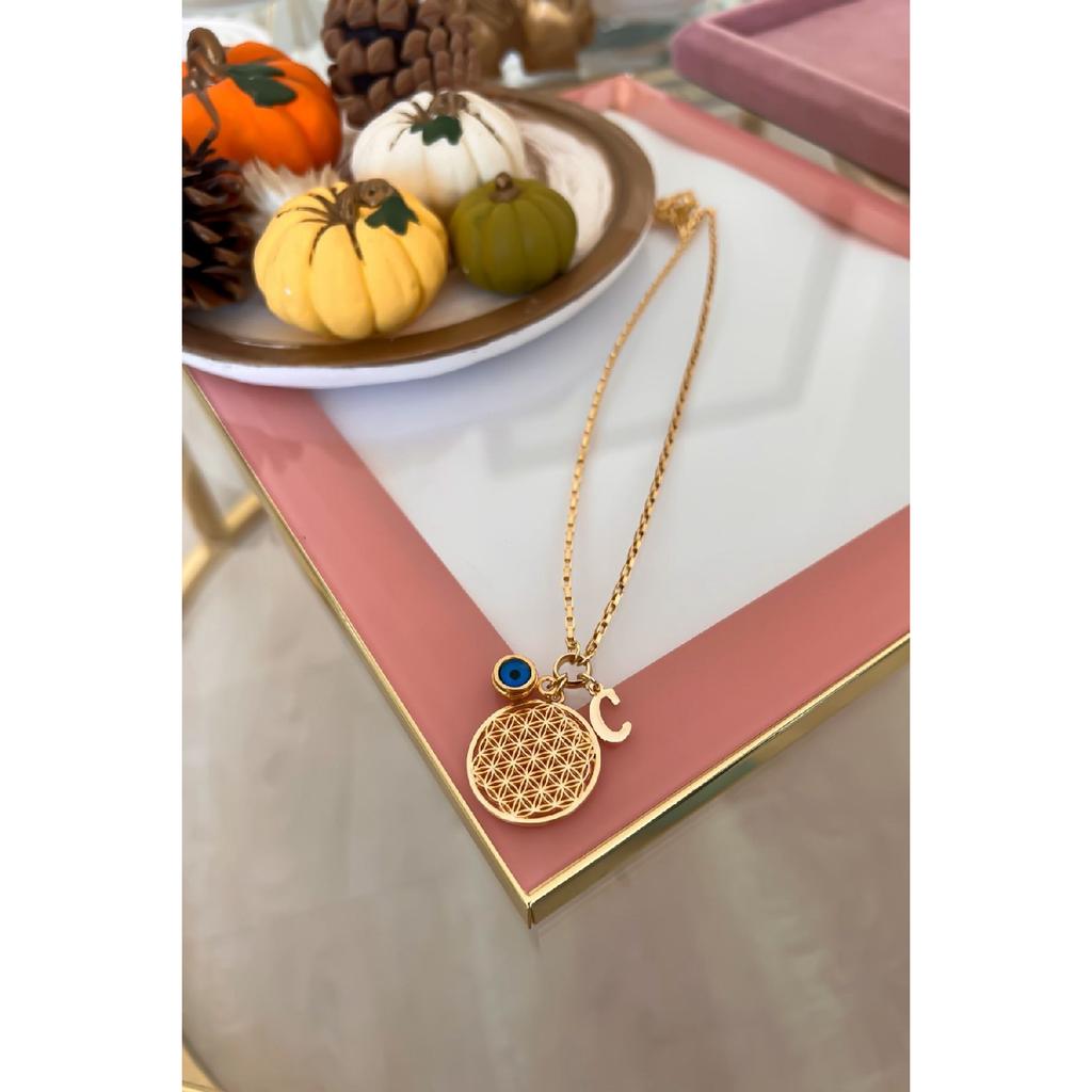 Персонализированное колье «Цветок жизни» с буквой C и подвеской от сглаза