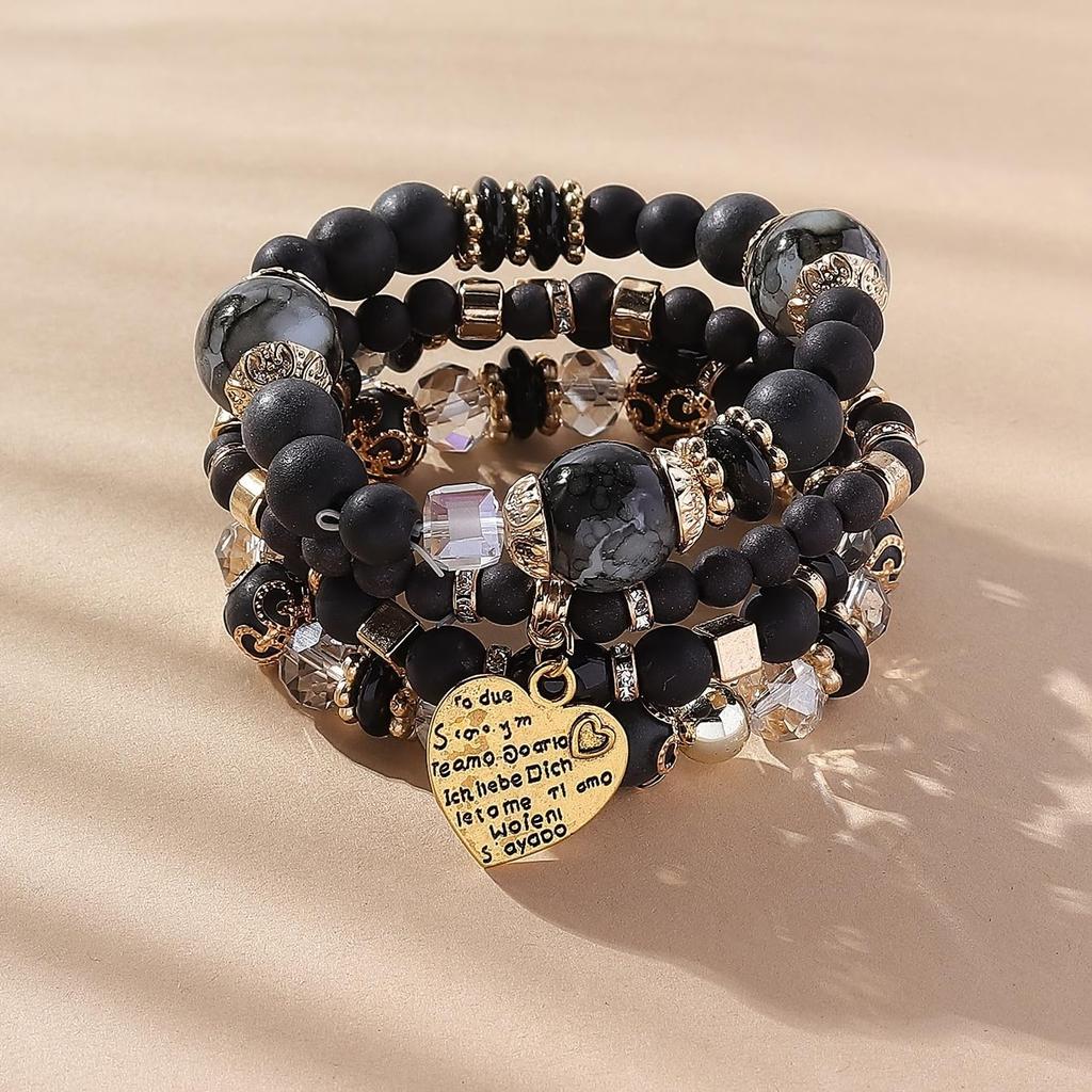 Women Beaded Bracelet Set | Colorful Boho Stackable Trendy Design with Crystal Accents Multilayer Bangle Bracelet | Fashion Stretch Braclets Jewelry