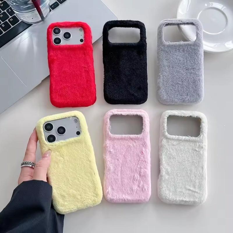Осенне-зимний теплый плюшевый чехол для телефона для iPhone 17 16 15 14 13 Pro Max однотонный пушистый противоударный защитный чехол на заднюю панель