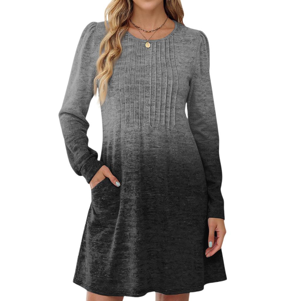 Женское повседневное платье с длинным рукавом, плиссировкой, круглым вырезом, градиентным принтом и карманами