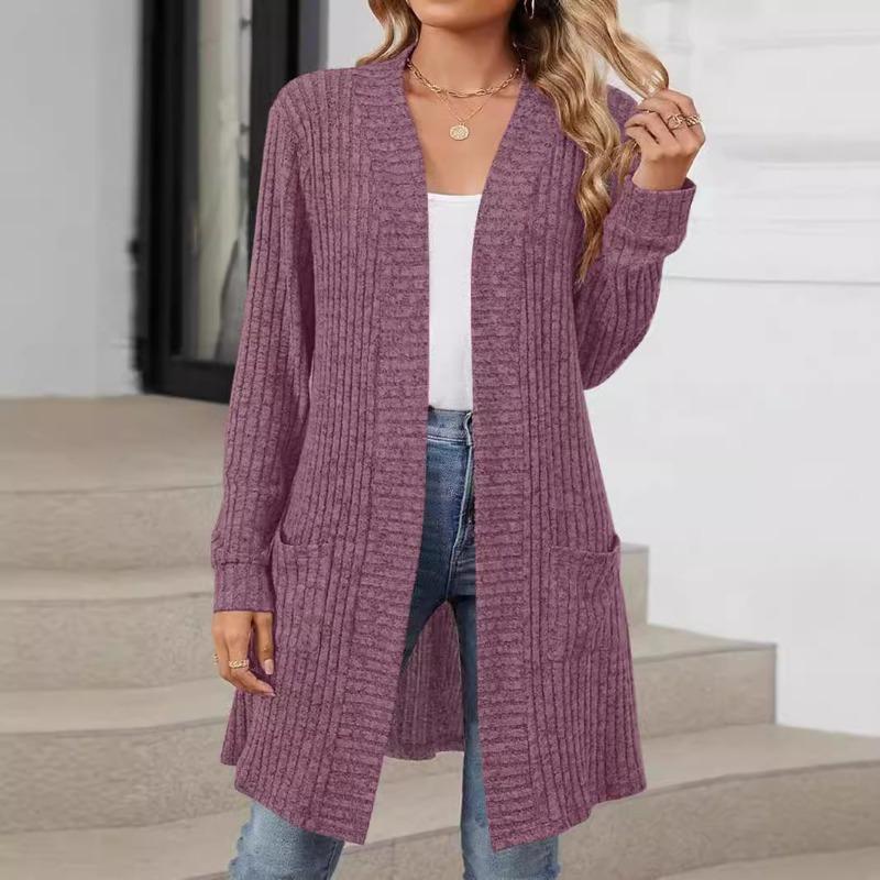 Женская осенне-зимняя длинная однотонная куртка-кардиган с длинным рукавом и свободными карманами