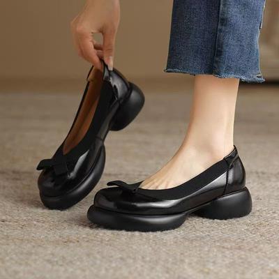 Весна 2025 новые туфли из мягкой кожи на толстой подошве с круглым носком, цветные, маленькие кожаные туфли, женские, на толстом каблуке, на подошве-маффин, цвет оружейный, ретро, ленивые одинарные