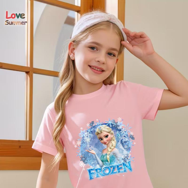 Детская футболка Эльза Снежинка Мультяшный принт Повседневная с круглым вырезом с коротким рукавом Эластичный крой Идеально для весны 2026 Ежедневная носка