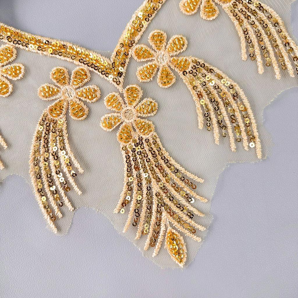 Gold Handmade Beads Three-Dimensional Flower Embroidery Applique Evening Dress Performance Dress Neckline Decoration Front Collar Cloth Sticker