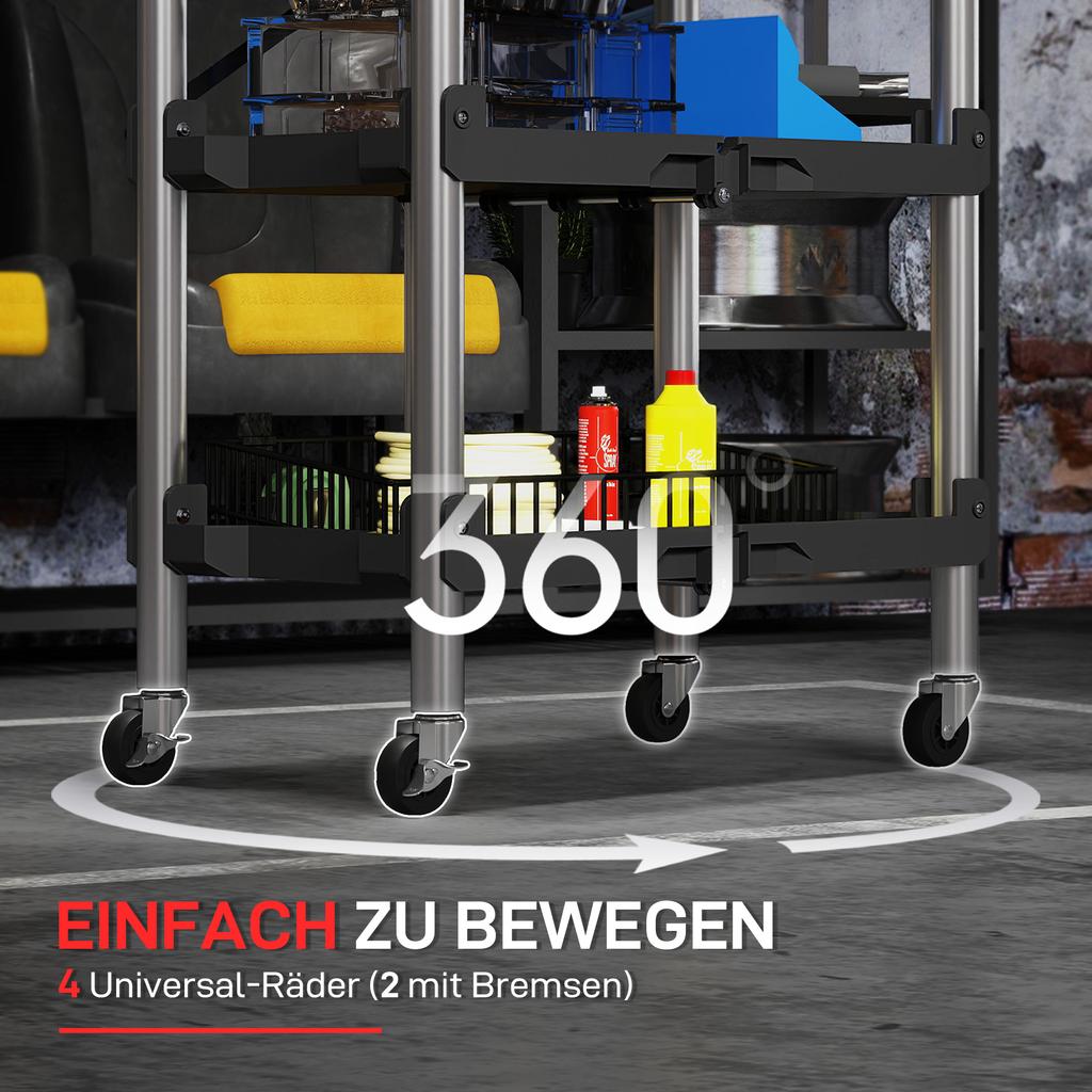 Foldable 3-Tier Plastic and Steel Tool Trolley Cart, Black