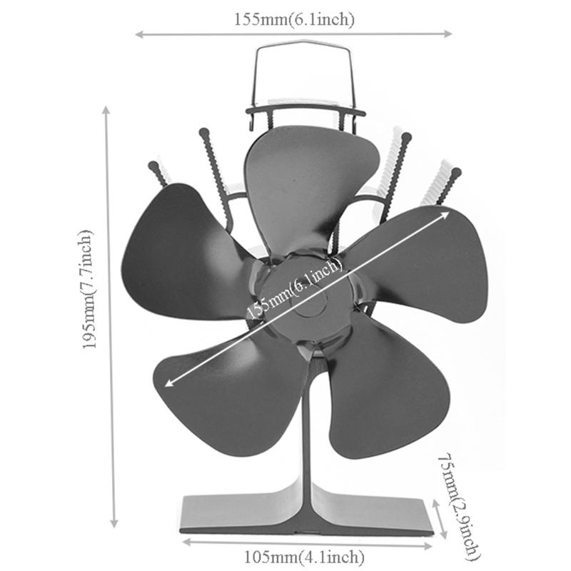 5 Blades Efficient Wood Stove Fan Wood-burning Real Fire Fireplace Fan for Pellet Wood Log Burning Stove Home Black