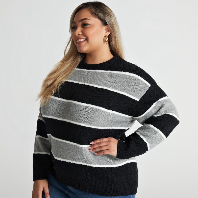 Полосатый лоскутный вязаный свитер для женщин с круглым вырезом и длинными рукавами, базовый пуловер, повседневный стильный свободный свитер, мягкий удобный рабочий топ