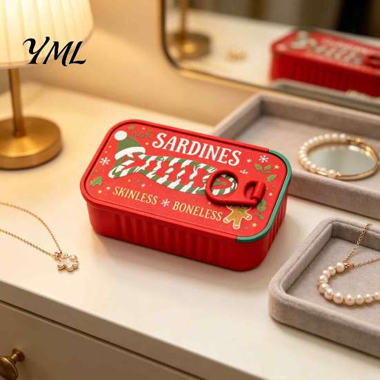 Portable Jewelry Organizer Christmas Sardine Tin Shaped Box, Travel Jewellery Storage Case with Decorative Gift Fish Bone Divider, Mini Necklace
