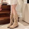 Fashion Women's Cowboy Boots Round Toe Thick Heel Mid-calf Women's Shoes Retro Mid-heel Imitation Suede Fashionable Hollow Design Boots