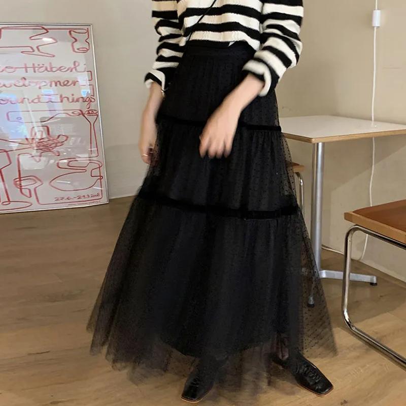 WTEMPO Корейские сетчатые юбки трапециевидной формы в горошек, женские летние длинные элегантные тюлевые юбки, свободные повседневные черные кофейно-марлевые юбки-торты