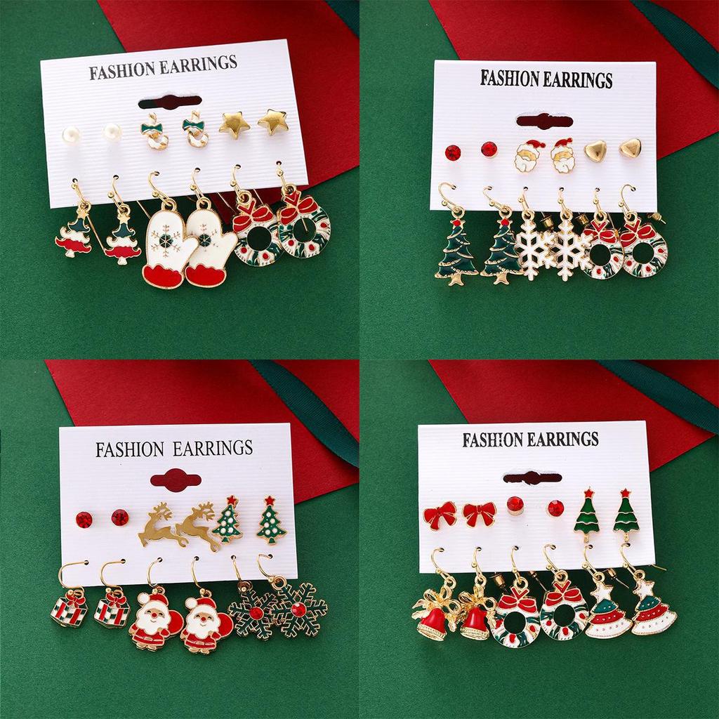 Christmas Snowflake & Bell Earrings Set - Cartoon Drip, Elk & Santa Designs