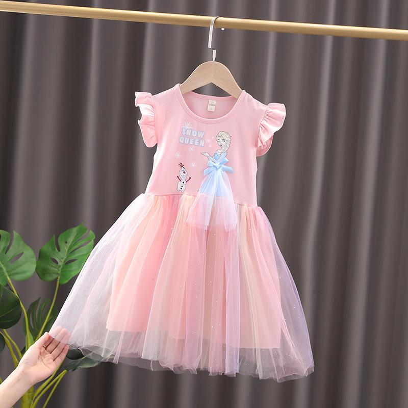 Girls Summer Snow Theme Dress Short Sleeve Tulle Princess Kids Dress