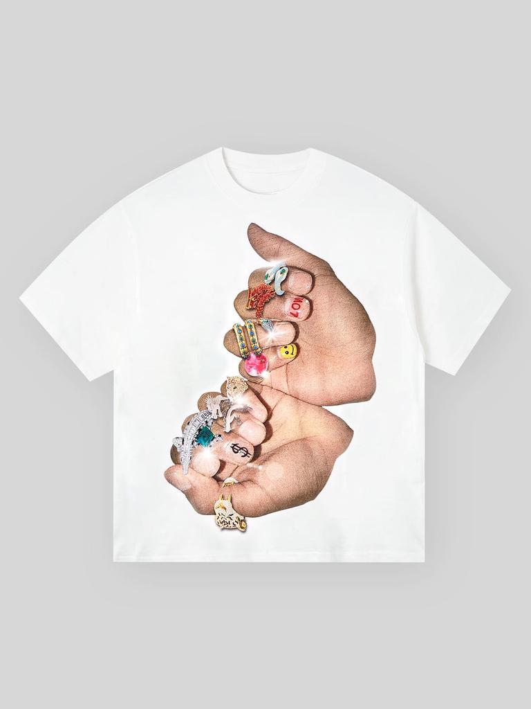 Summer Finger Graffiti Diamond Ring Printed T-Shirt Hip Hop Fashion Personality Tees Casual  Streetwear Round Neck Top Unisex