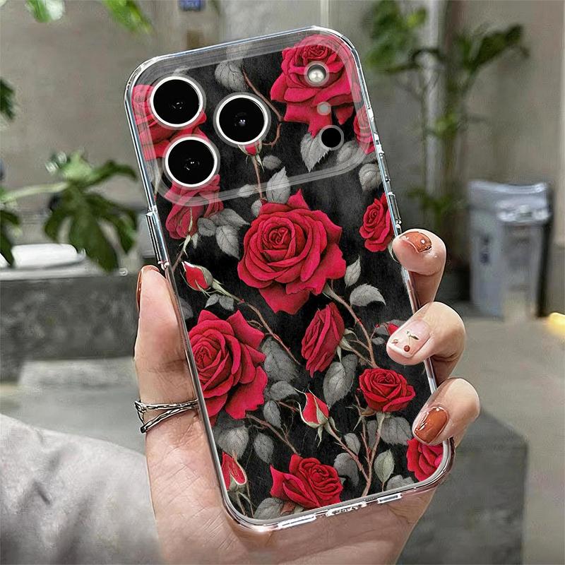 Чехол с узором алой красной розы для iPhone 17 Pro Max Coque iPhone 16 15 14 13 Pro Max 11 Прозрачный силиконовый мягкий чехол из ТПУ
