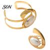 Golden Plated Jewelry Se 2Pcs Faux Pearl Bangle And Ring Set, Geometric Open Bracelet Metal & Ring, Minimalist Statement for Party