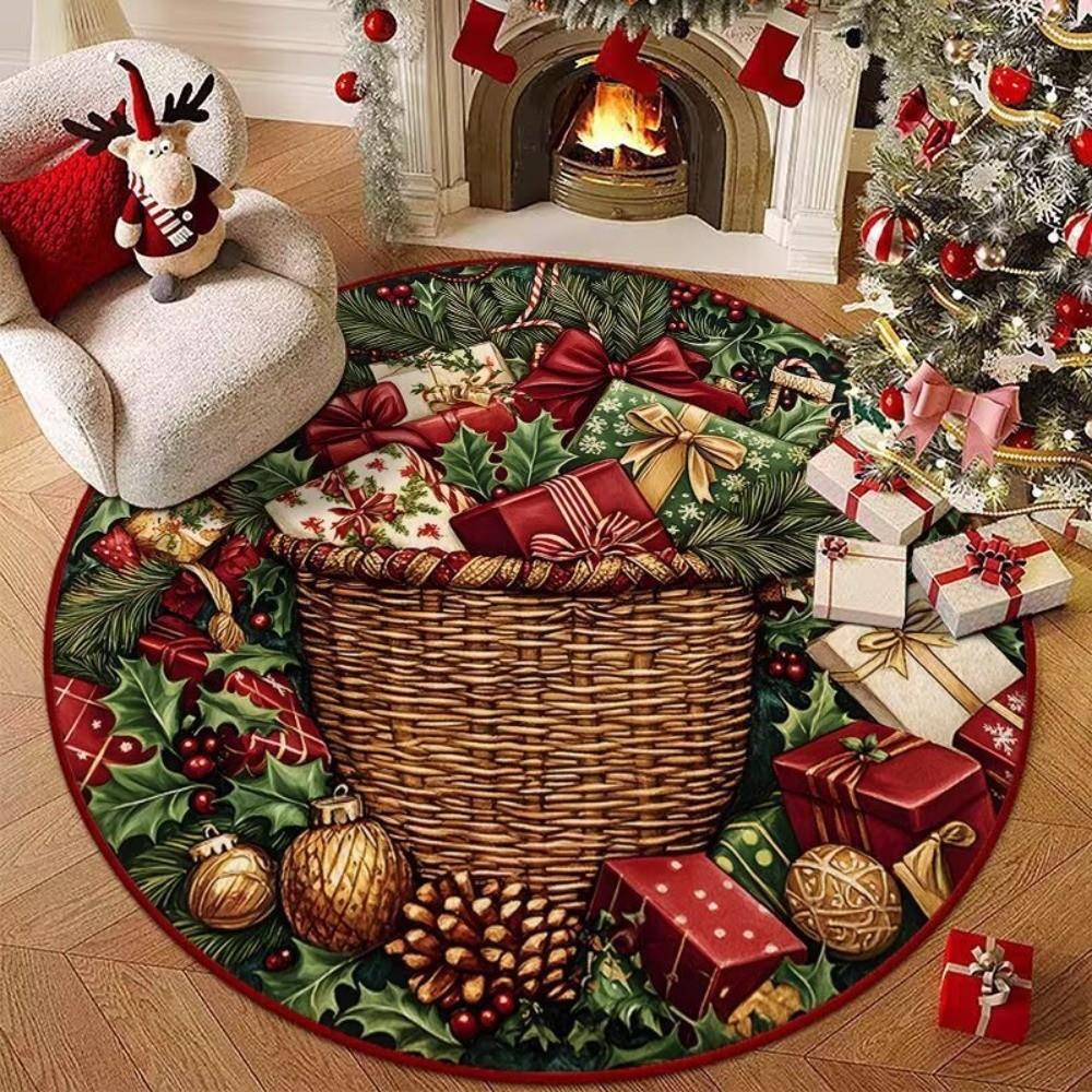 Non-Slip 3D Illusion Rug Santa Claus Xmas Home Decor Cartoon Cute Round Vortex Carpet Outdoor