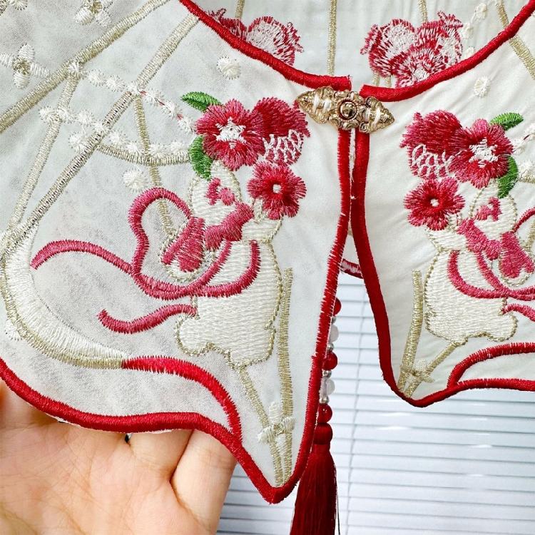 Китайские жемчужные кисточки Ложный воротник Винтажная вышивка Кролик Цветок Шаль Шарф