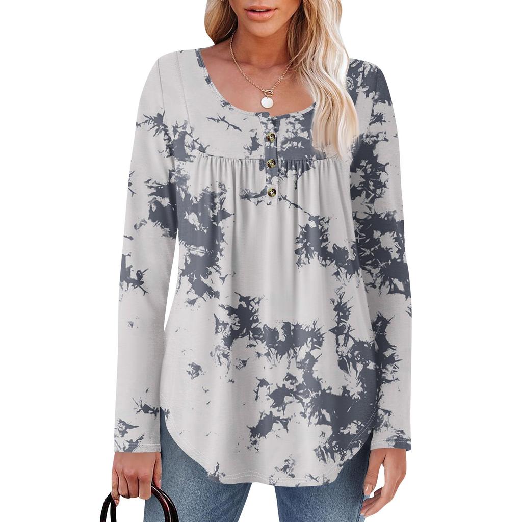 Женская туника с длинным рукавом, свободные топы, повседневные топы оверсайз, плиссированная туника, застегивающаяся на пуговицы, повседневные женские топы с принтом