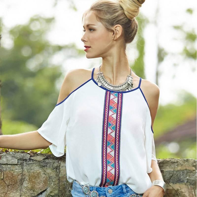 Trendy Casual Printed Off-shoulder Chiffon Blouse For Women Spring 2016