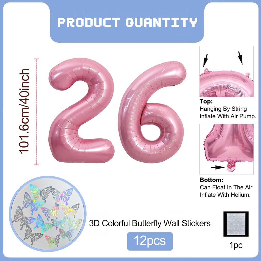 Pink Butterfly Number Balloon, 3D Stereoscopic Butterfly Number 0-9 Used for Anniversary Birthday Party Photography