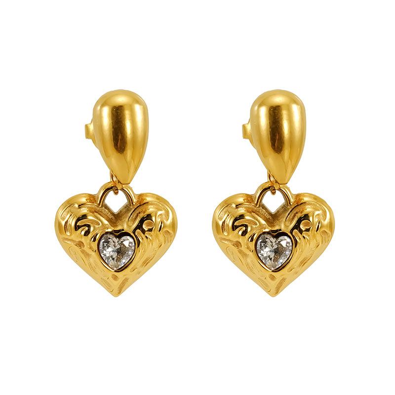 European and American style diamond-studded hammered heart earrings18k Real gold-plated, non-fading heart-shaped titanium steel vintage earrings