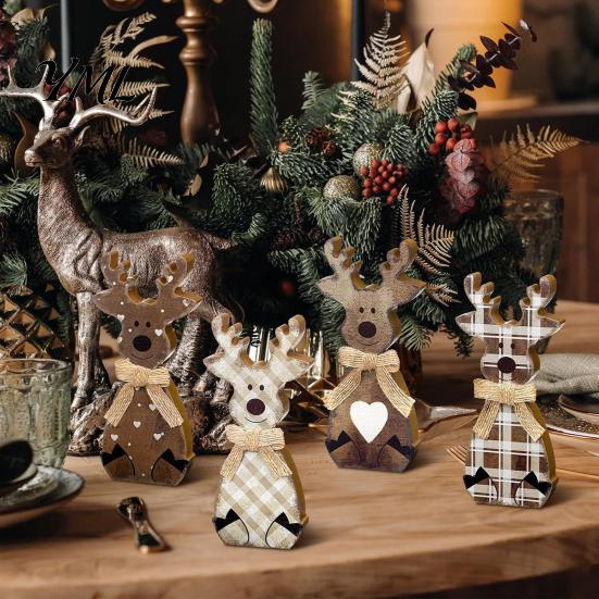 Winter Wonderland Party Decorations Wooden Christmas Tabletop Decor, Rustic Reindeer Animal Figurines, Farmhouse Style Stable Base Holiday Figurine