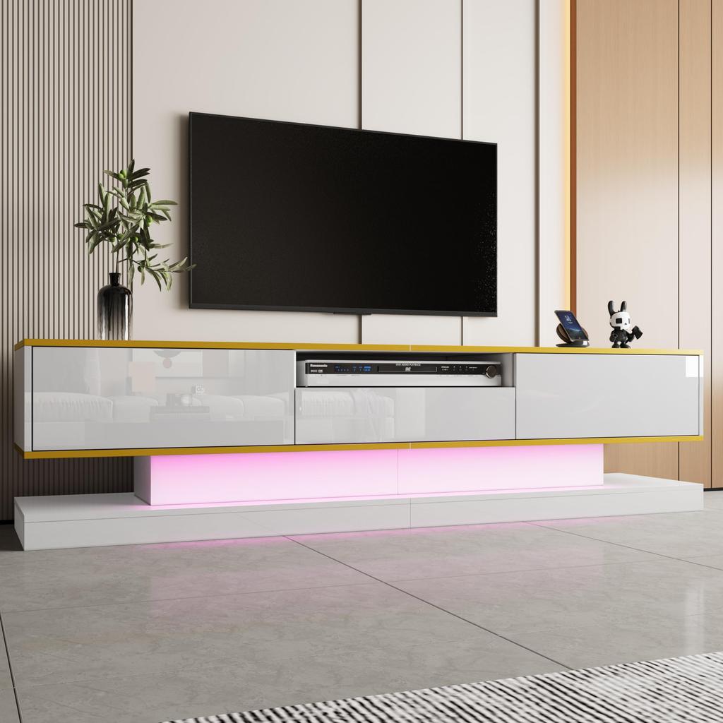 ТВ-тумба, с 3 ящиками и открытой нишей, со светодиодной подсветкой и золотыми акцентами, современная низкая тумба с большим пространством для хранения