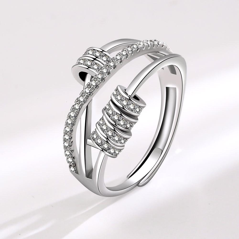 Women Spinning Zircon Five Ring Adjustable Open Band Lucky Rotating Circle Jewelry Fashion Elegant Gift