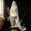 One Tier Cathedral Wedding Veil, White Tulle Bridal Veil with Golden Floral Lace Embroidery, 300cm Long Train Wedding Headwear for Bride