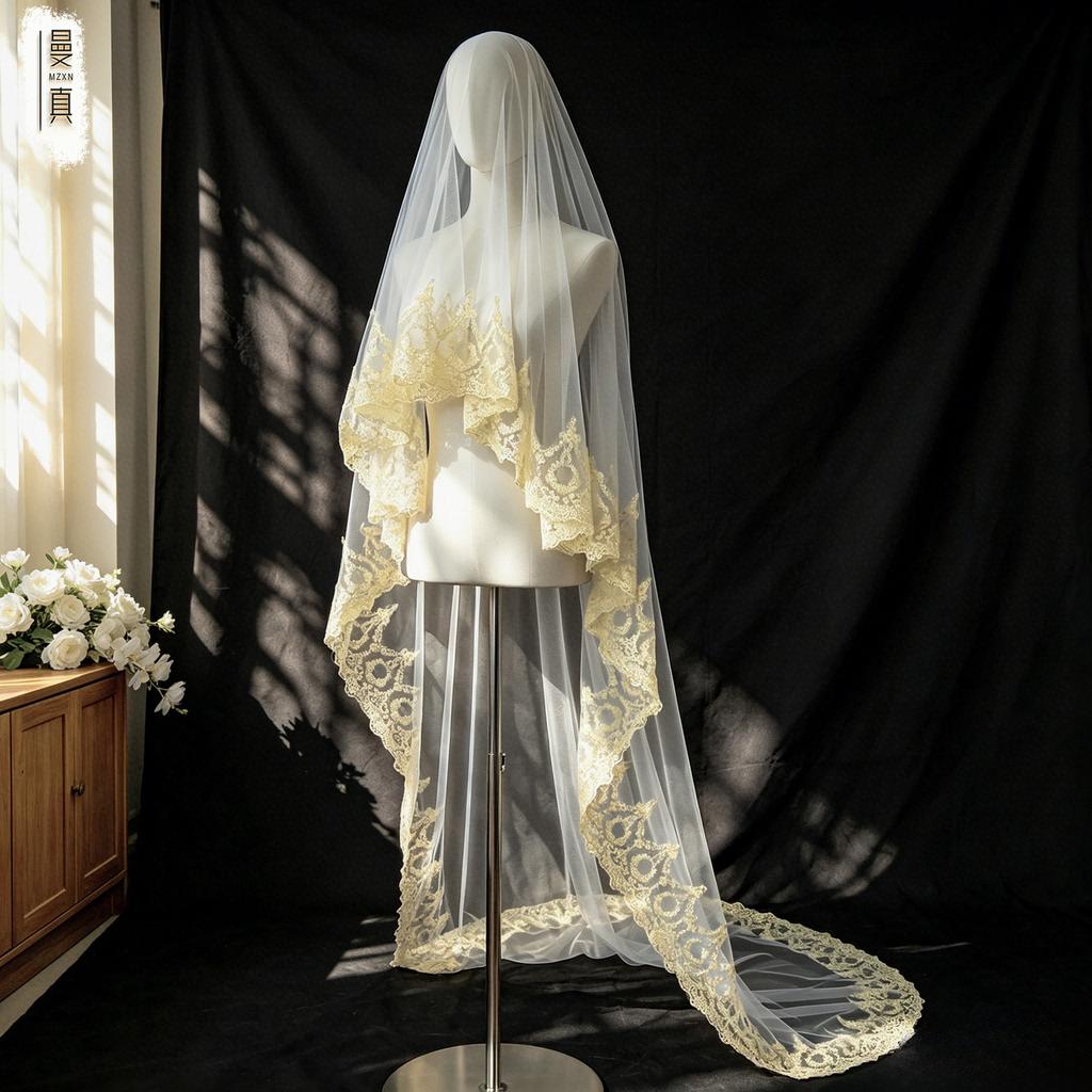 One Tier Cathedral Wedding Veil, White Tulle Bridal Veil with Golden Floral Lace Embroidery, 300cm Long Train Wedding Headwear for Bride