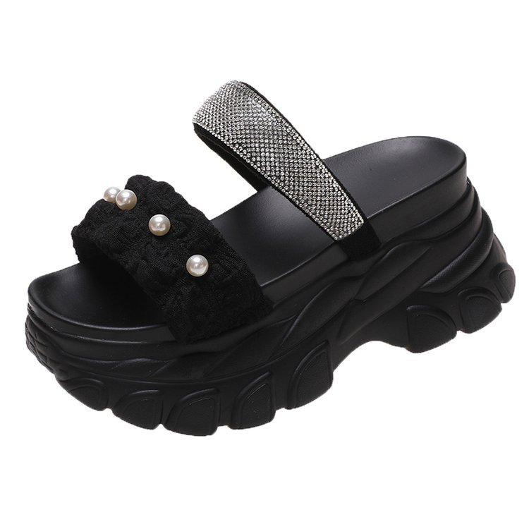 Pearl Rhinestone Slippers Women Summer Outside Wear Fashion Sandals Platform Wedegs Leisure Slipper 8cm High Heeled Slides Shoes