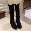 New Brown Knee High Suede Boots Women Round Toe Low Heel Over The Knee Boots Slouchy Ruched Knee High Boots Wide Calf