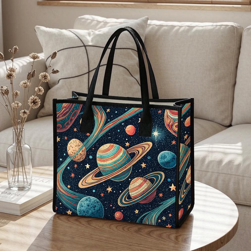 Vintage Starry Planet Print Tote Large Stylish Casual Shoulder Bag for Daily Use