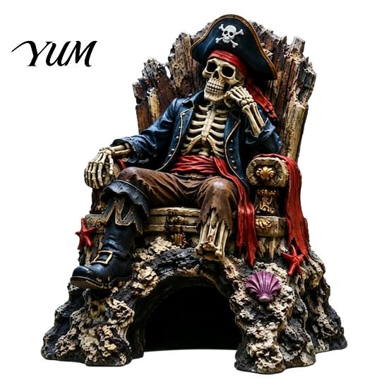Aquarium Pirate Skull Decorations Skeleton Throne Ornament, Resin Fish Tank Hideout Cave for Small Accessories Fish, Realistic King Castle Decor